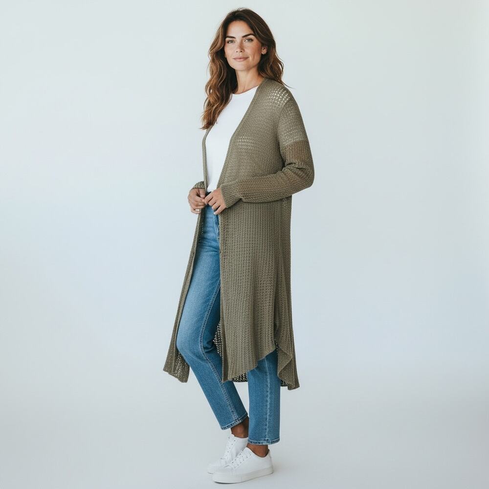 LAUREN RALPH LAUREN Woman's 100% Linen Duster Length Cardigan L Boho Grunge